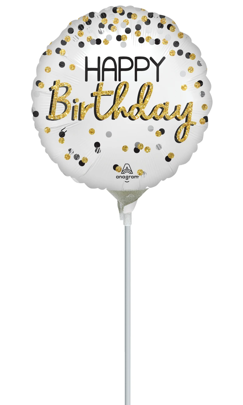 Mini Air-Filled Black Silver Gold Birthday 23cm Foil Balloon + Stick