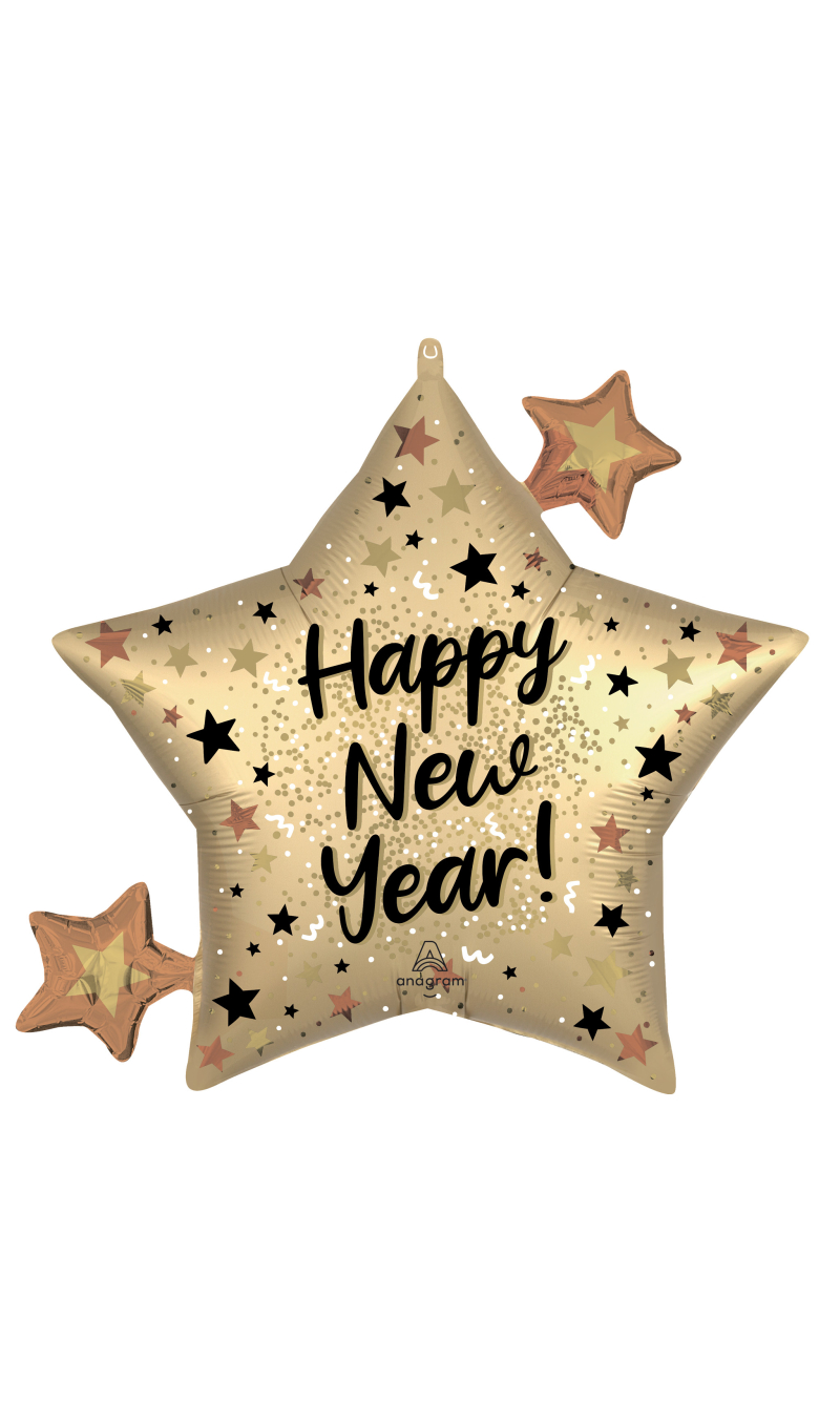 Happy New Year SuperShape Satin Sparkle Star Foil Balloon 73cm x 68cm