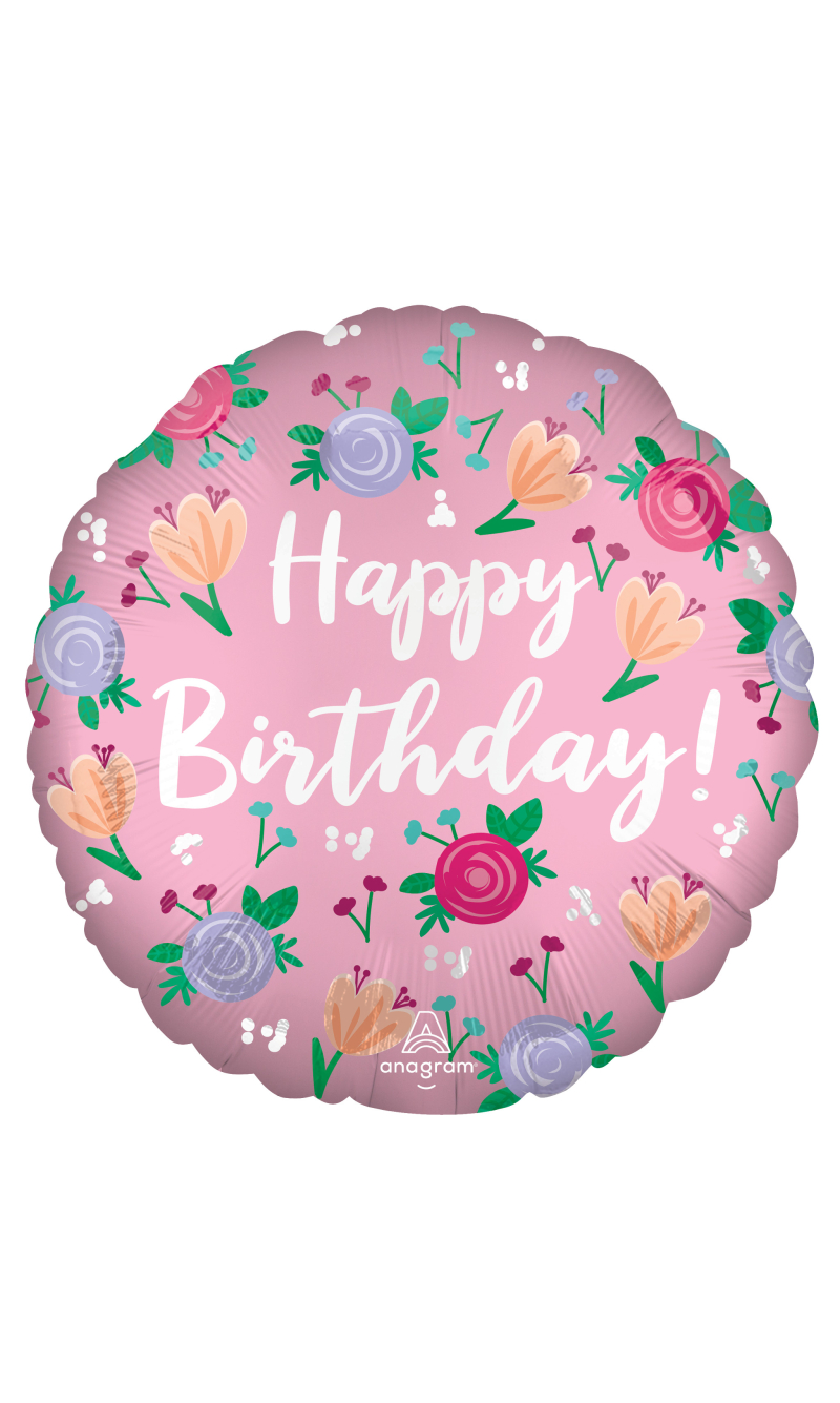 Standard Satin Happy Birthday Peony Foil Balloon 43cm