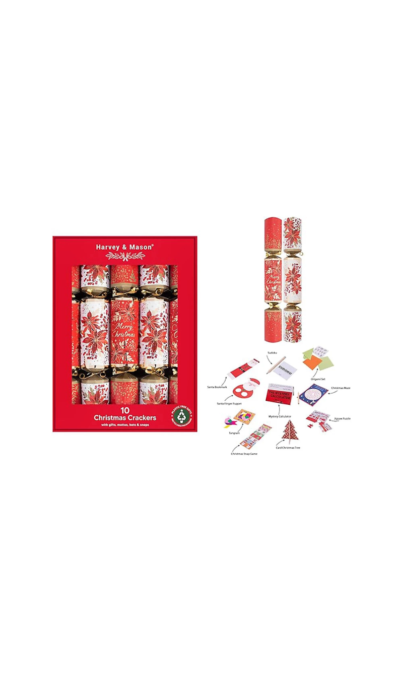 10Pack Harvey & Mason Poinsettia Luxury Family Christmas 14inch Crackers
