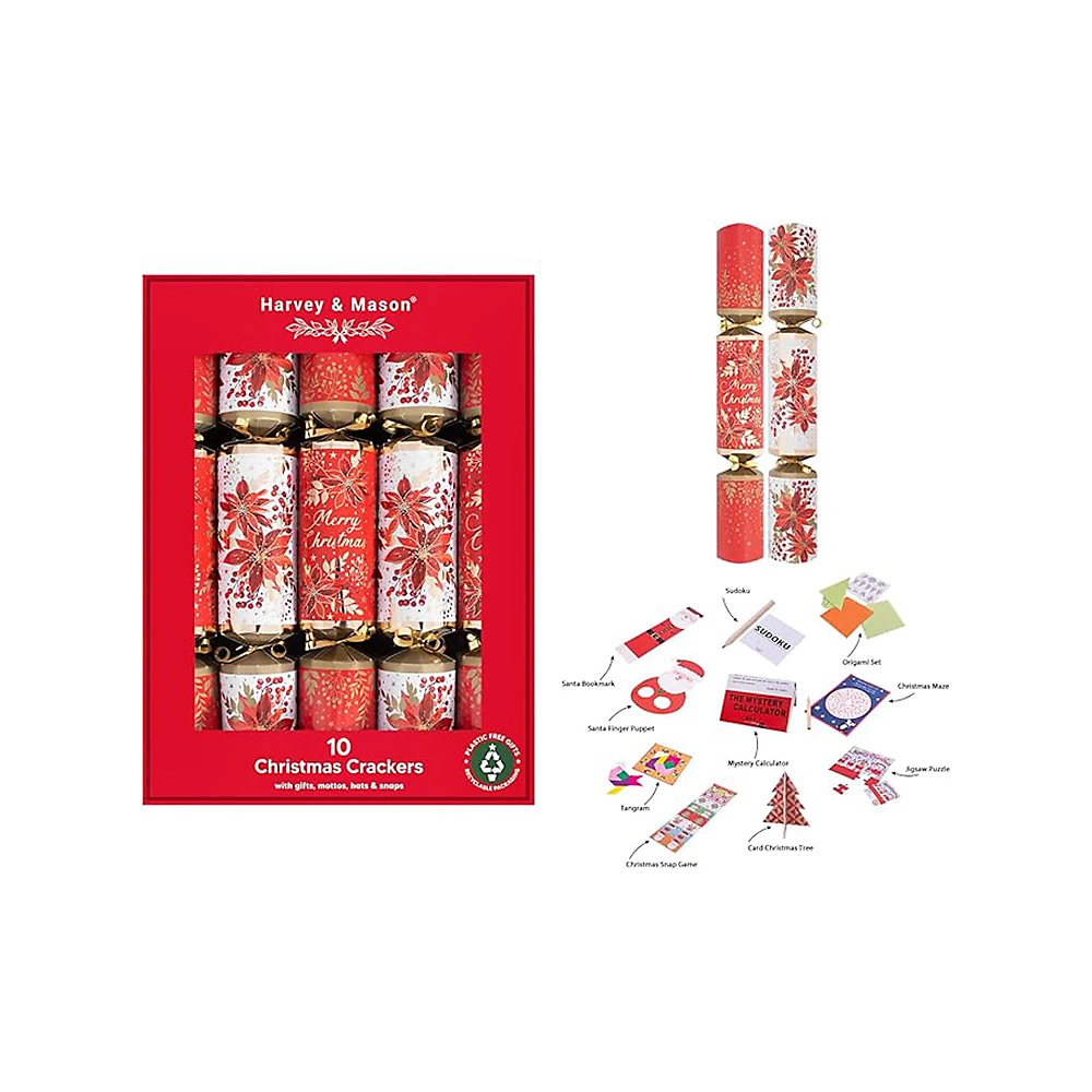 10Pack Harvey & Mason Poinsettia Luxury Family Christmas 14inch Crackers