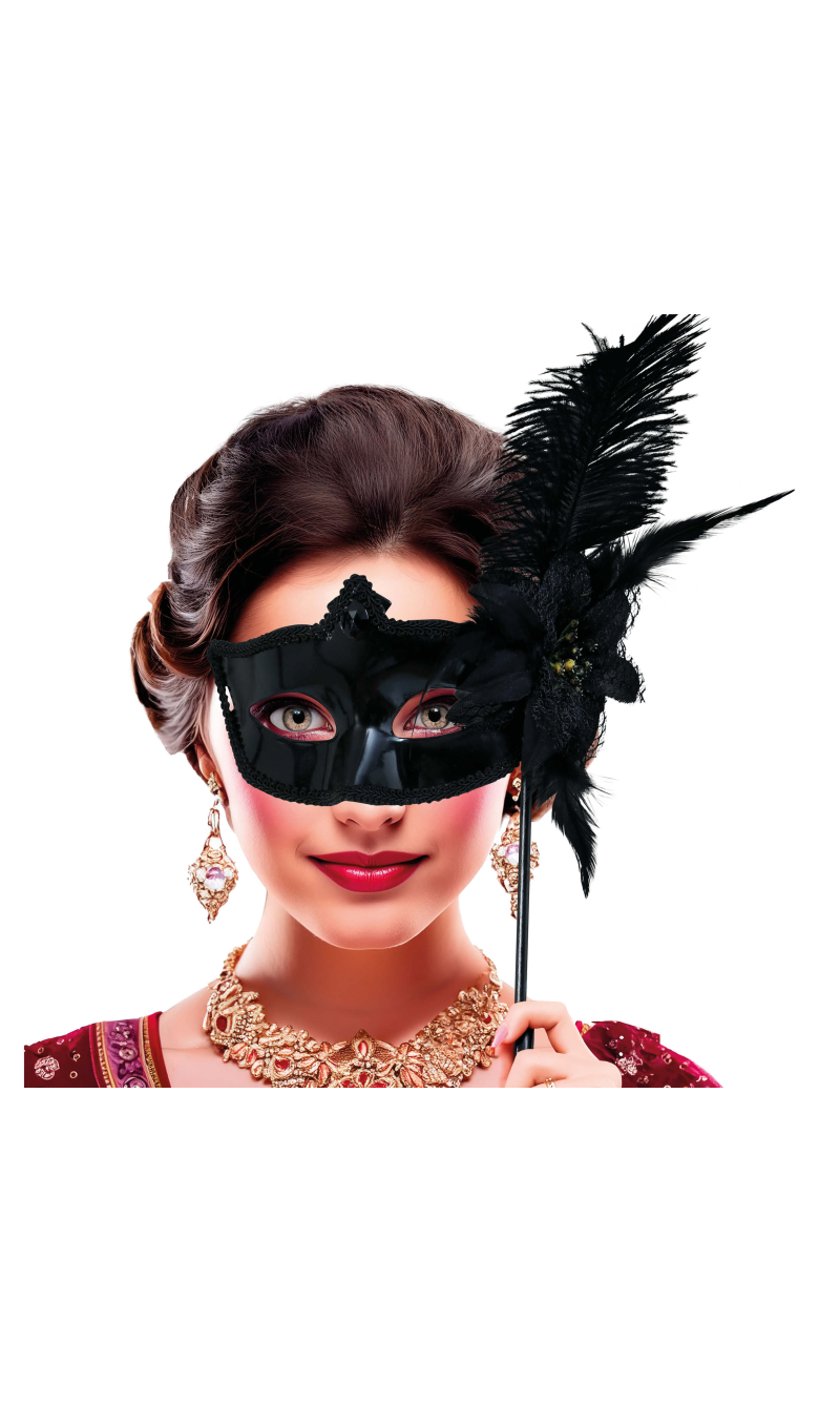 Venetian Mask With Stick Black - Adult One Size