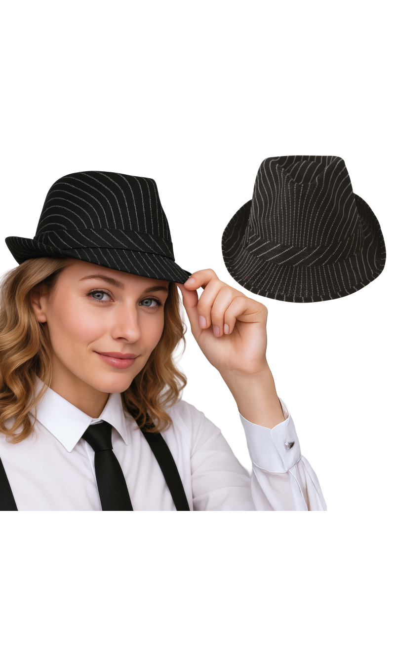 Black Striped Gangster Hat - Adult One Size