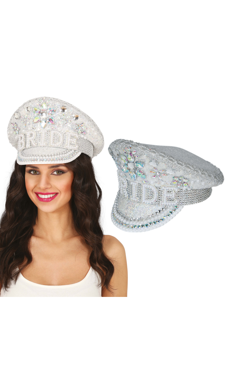 Silver Bride Captain Hat With Jewels - Adult One Size
