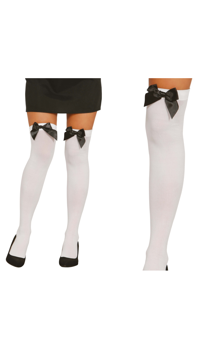 White Tights With Black Ribbon - Adult One Size