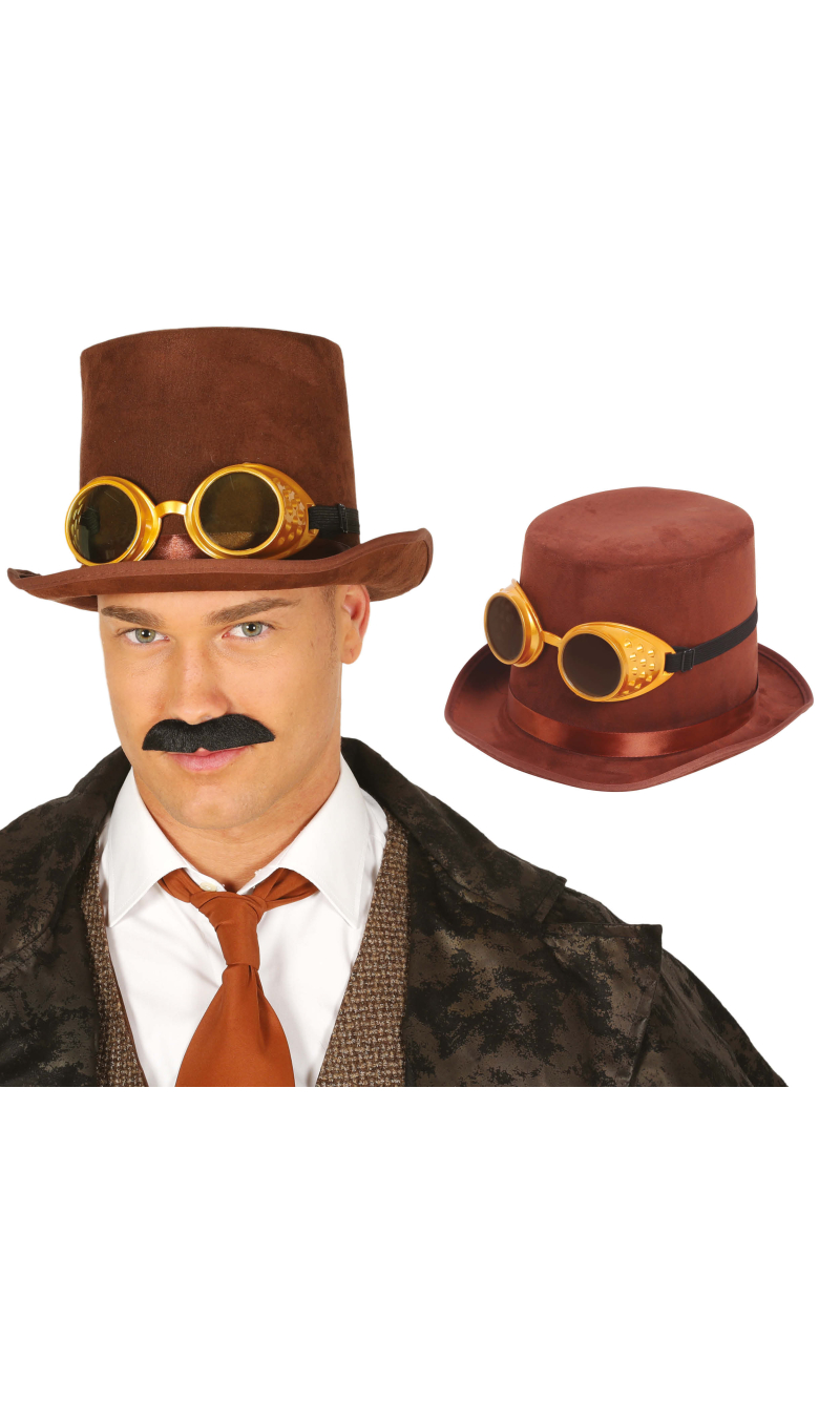 Brown Felt Steampunk Top Hat With Glasses - Adult One Size