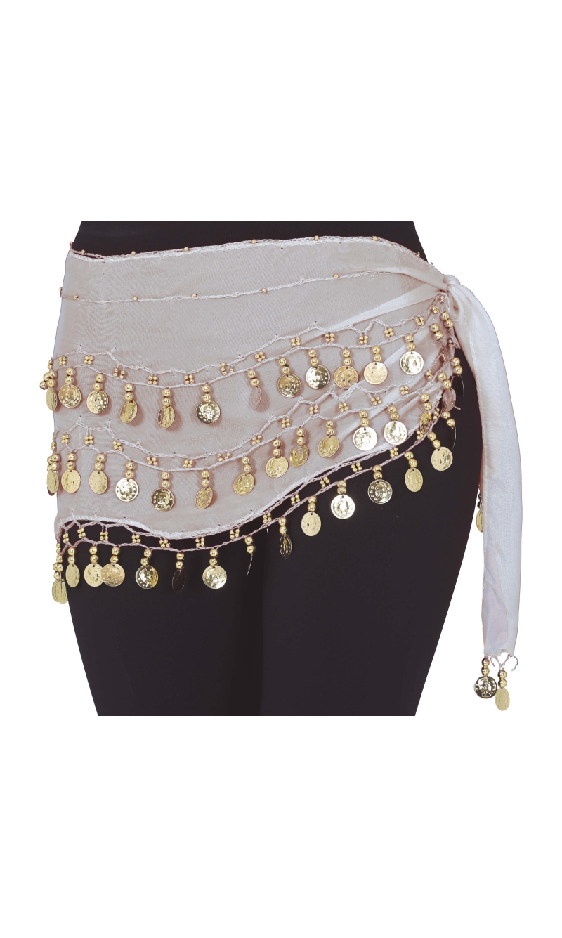 Belly Dance Hip Scarf With Gold Coins, White