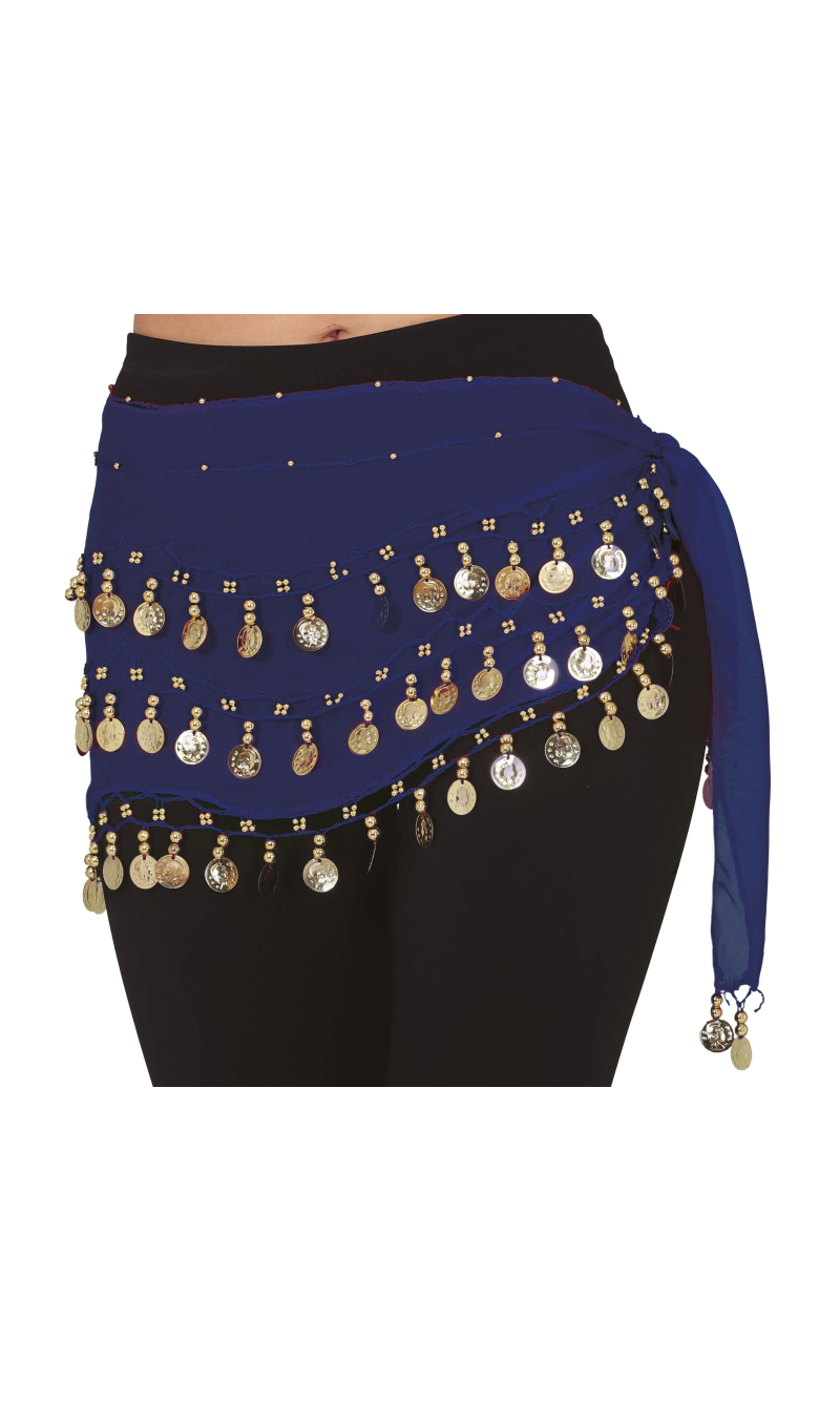 Belly Dance Hip Scarf With Gold Coins, Blue