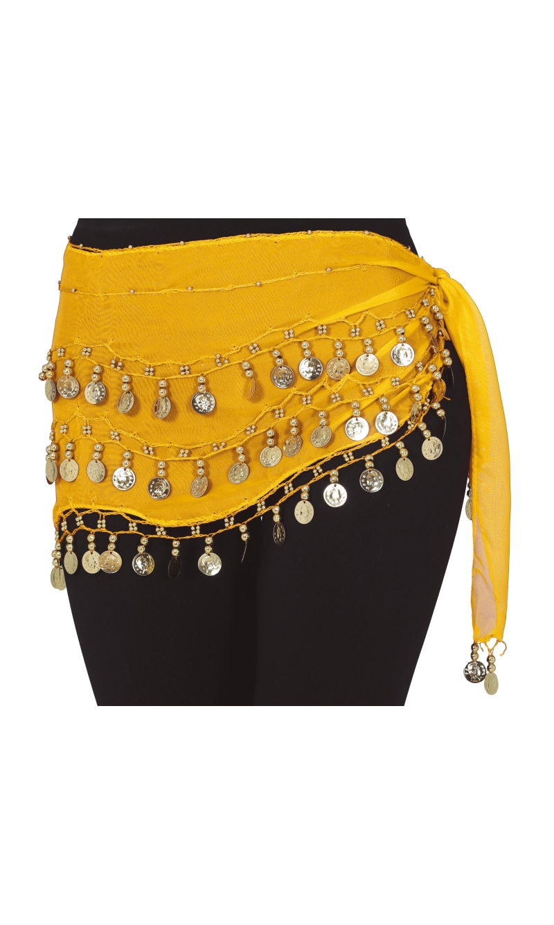 Belly Dance Hip Scarf With Gold Coins, Yellow