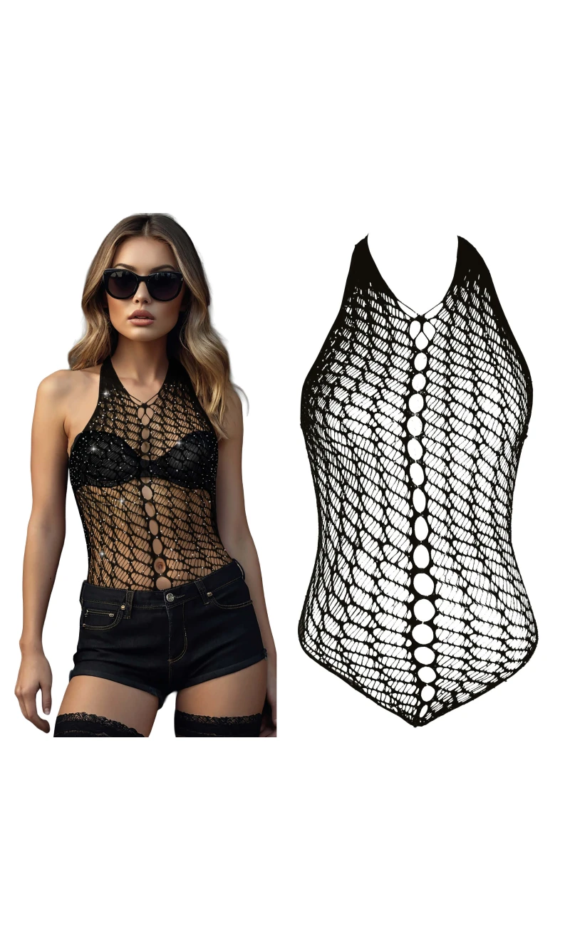 Black Fishnet Bodysuit With Rhinestones - Adult One Size