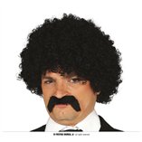 Black Curly Wig With Moustache - Adult One Size