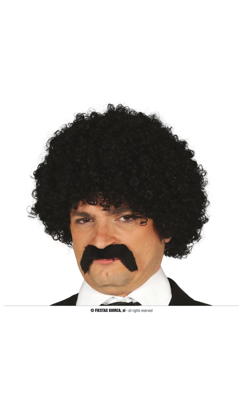 Black Curly Wig With Moustache - Adult One Size