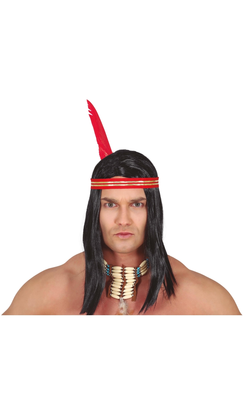 Black Indian Wig With Feather - Adult One Size