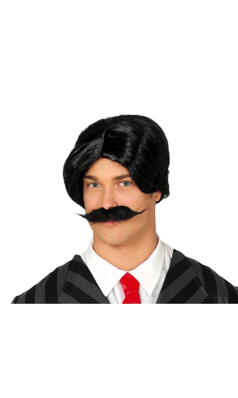 Black Wig With Moustache - Adult One Size