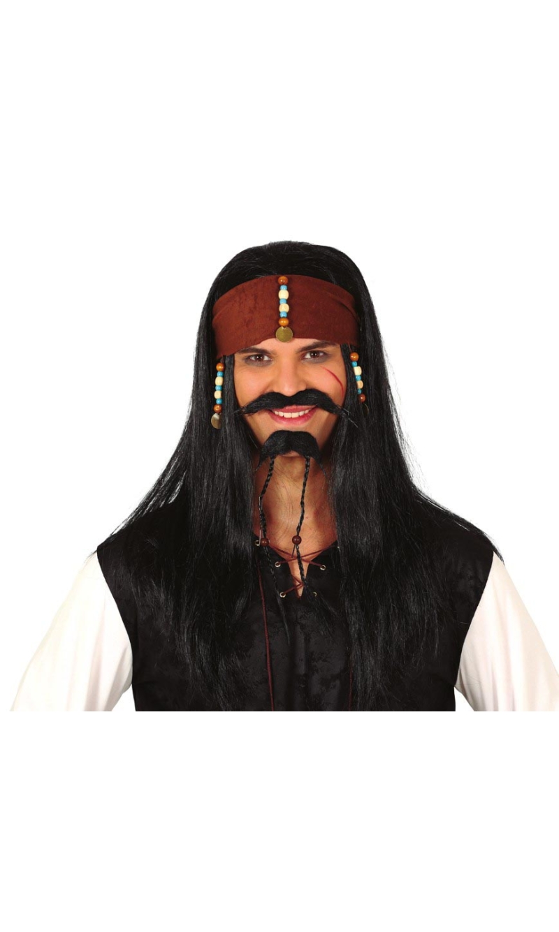 Black Pirate Wig With Bandana - Adult One Size