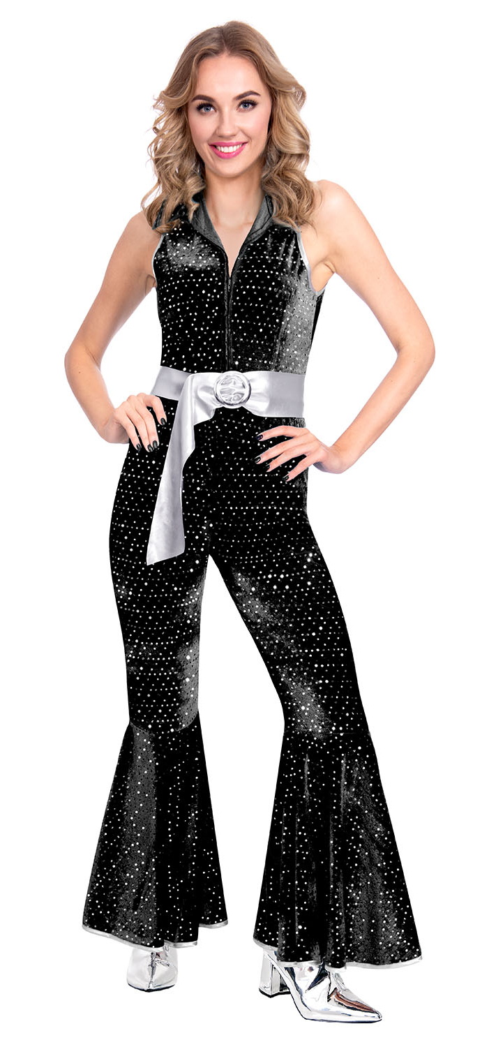 Black Sparkle Disco Queen Jumpsuit Costume - Adult Size XXL
