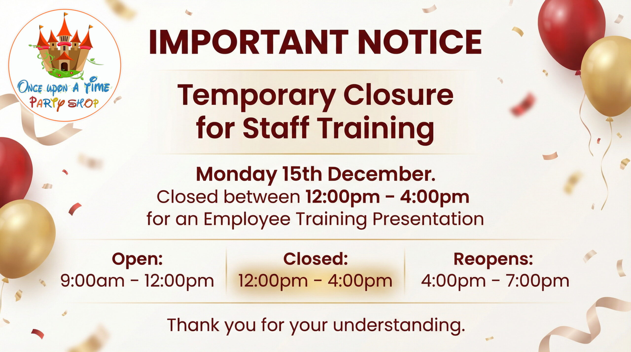 Temporary Closed Monday 15th December