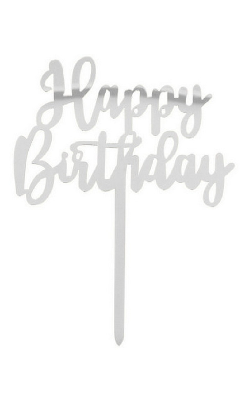 Happy Birthday Silver Cake Topper 15.5cm