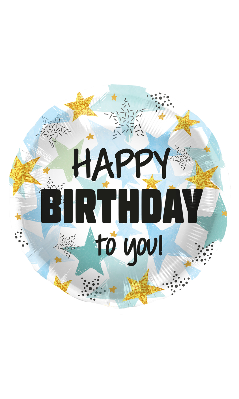 Foil Balloon Birthday Stars Blue/Gold - 45cm