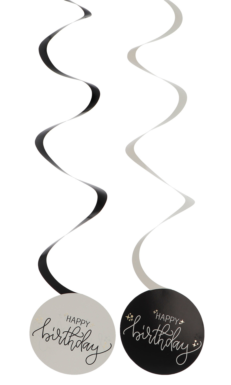 Happy Birthday Swirl Hanging Decoration Creme Noir - 6pcs