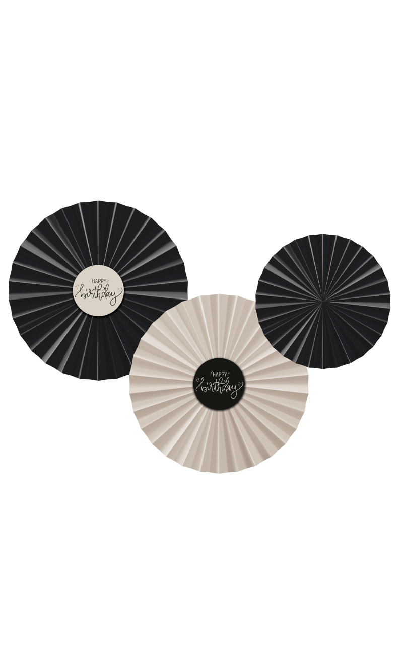 Happy Birthday Deco Fan Set Creme Noir - 3pcs