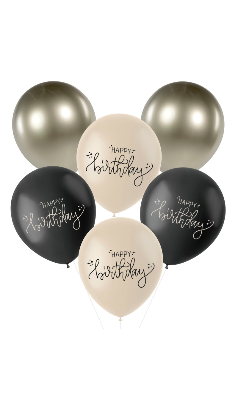 Happy Birthday Latex Balloons Creme Noir 33cm - 6pcs