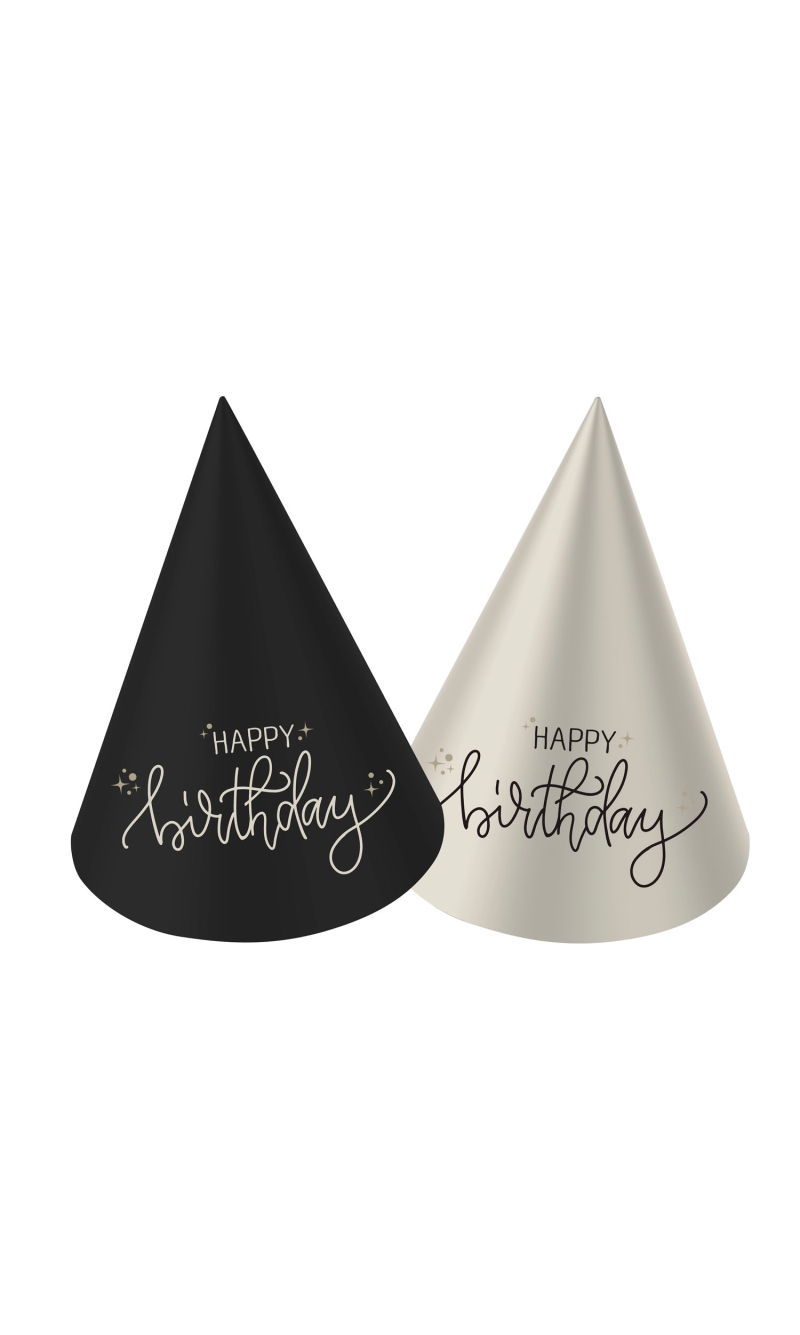 Happy Birthday Mini Party Hats Creme Noir 10cm - 6pcs