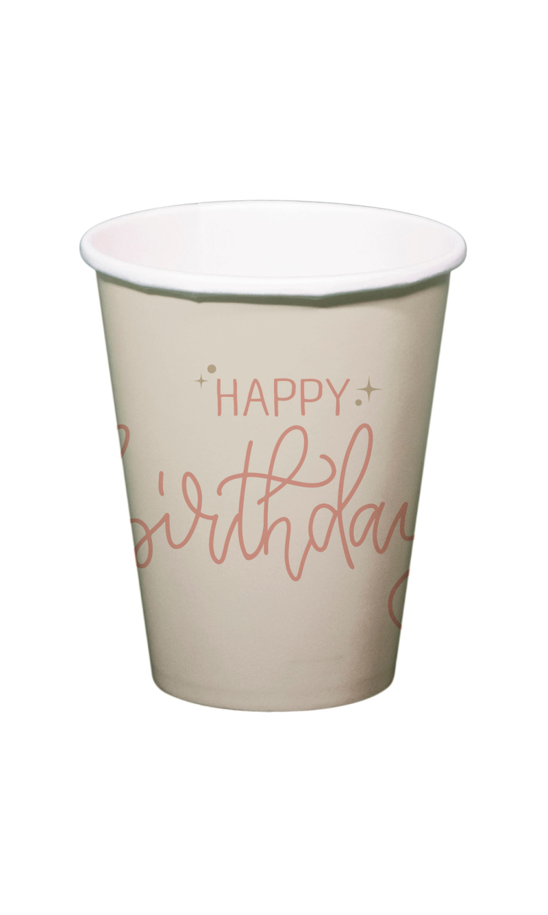 Happy Birthday Paper Cups Creme Rose 250ml - 8pcs
