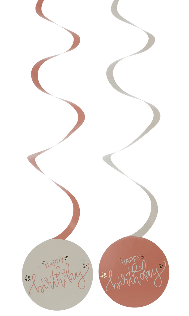 Happy Birthday Swirl Hanging Decoration Creme Rose - 6pcs