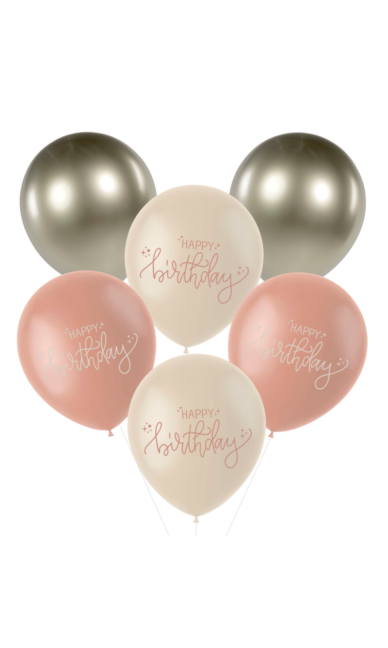 Happy Birthday Latex Balloons Creme Rose 33cm - 6pcs