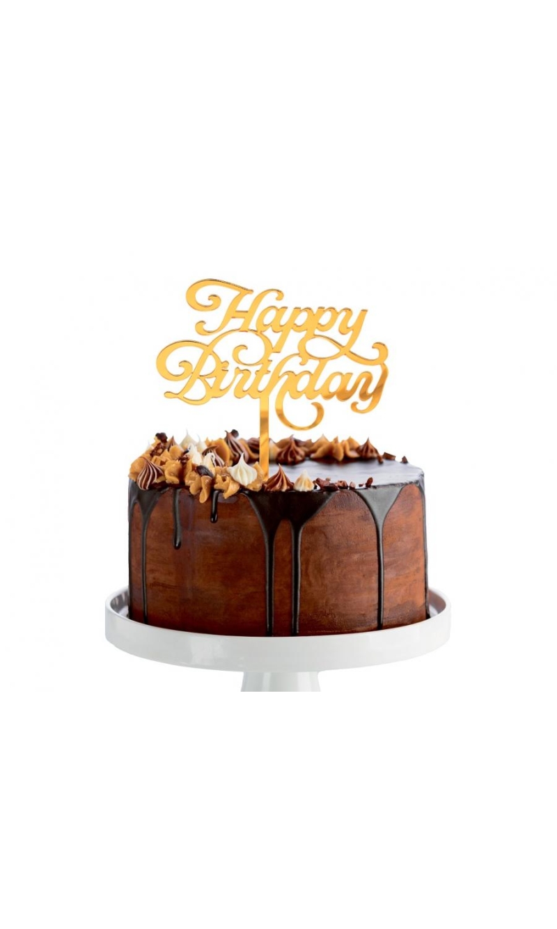 Acrylic Cake Topper Happy Birthday Gold 11x15cm