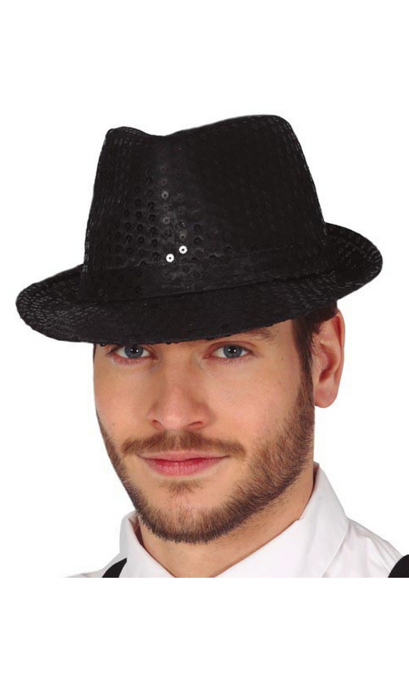 Sequin Gangster Hat Black - Adult One Size