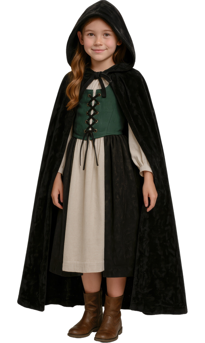 Black Velvet Cape With Hood 100cm