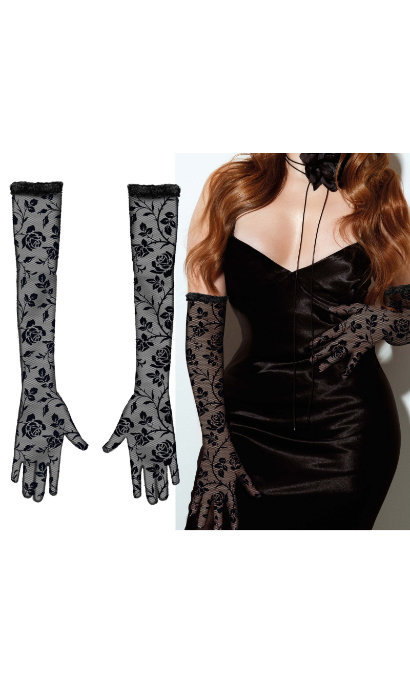 Lace Fabric Gloves Flowers Black 38cm