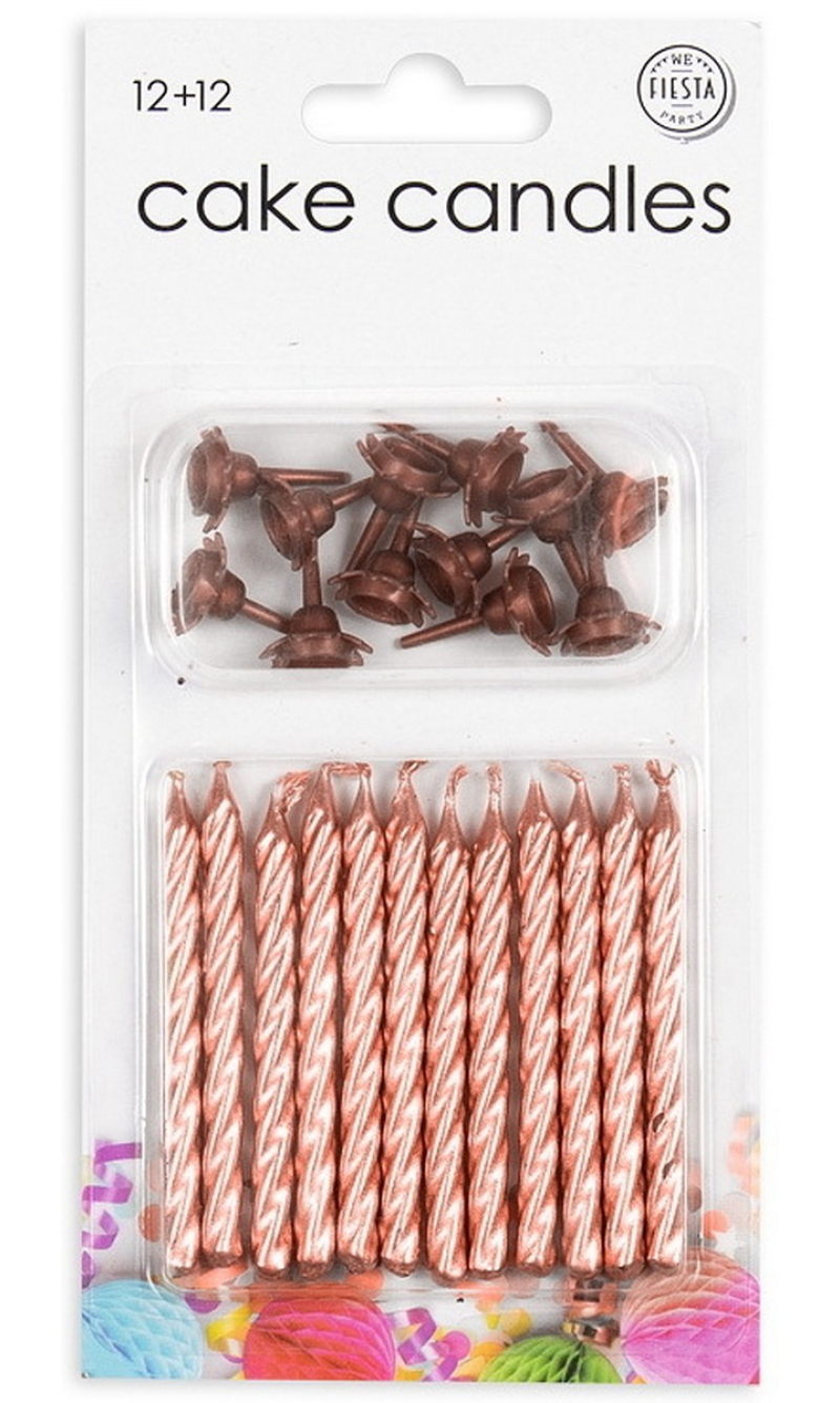 Rose Gold Party Candles & Holders - 12pcs