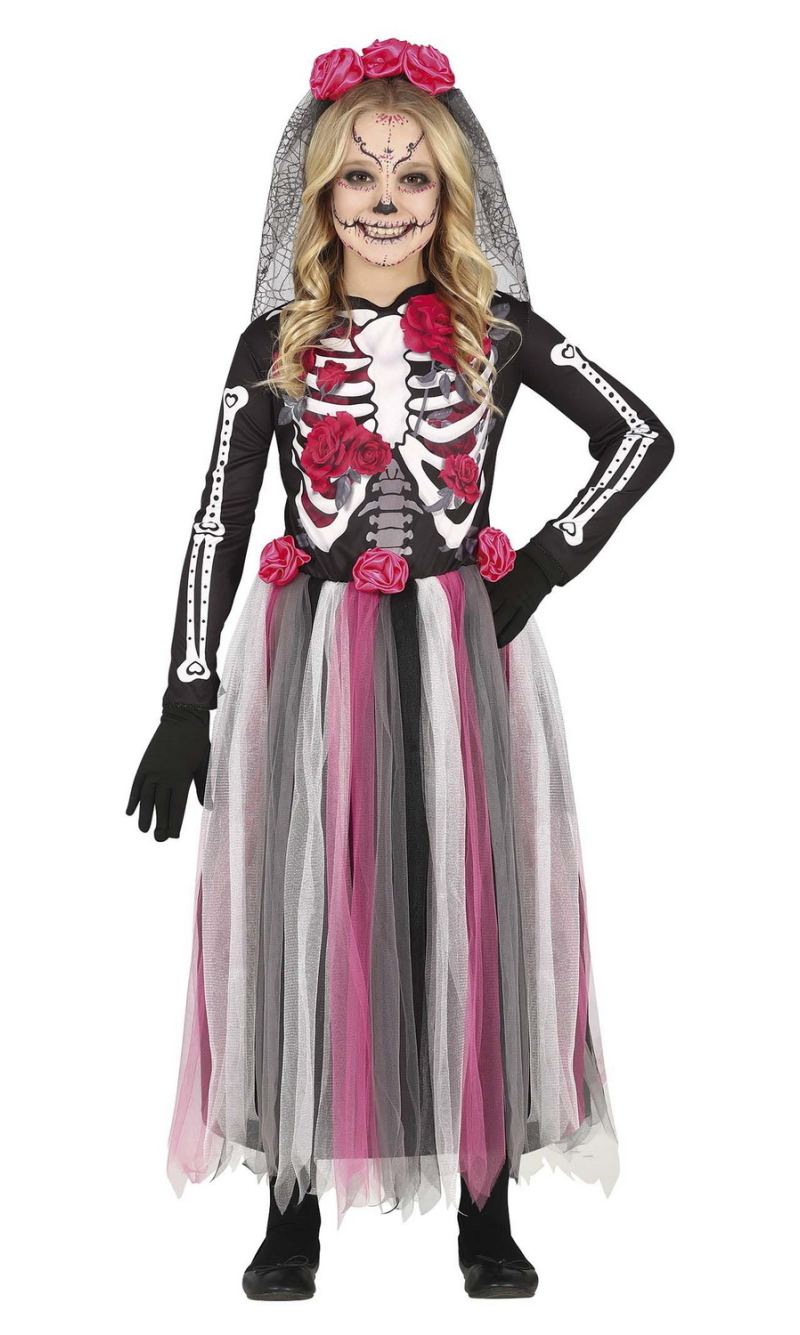 Pink Day of the Dead Girl with Flowers Headband - Age 3 to 4 Years