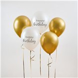Gold & Pearl Happy Birthday 12 Inch Latex Balloons - 5pk