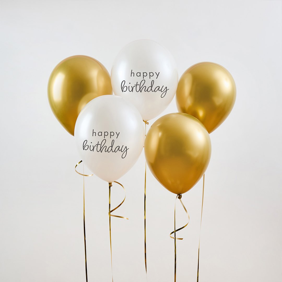 Gold & Pearl Happy Birthday 12 Inch Latex Balloons - 5pk