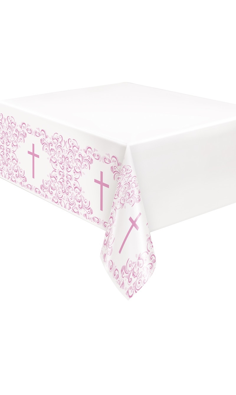 Pink Holy Cross Rectangular Plastic Table Cover 54"x84" (137x213cm)