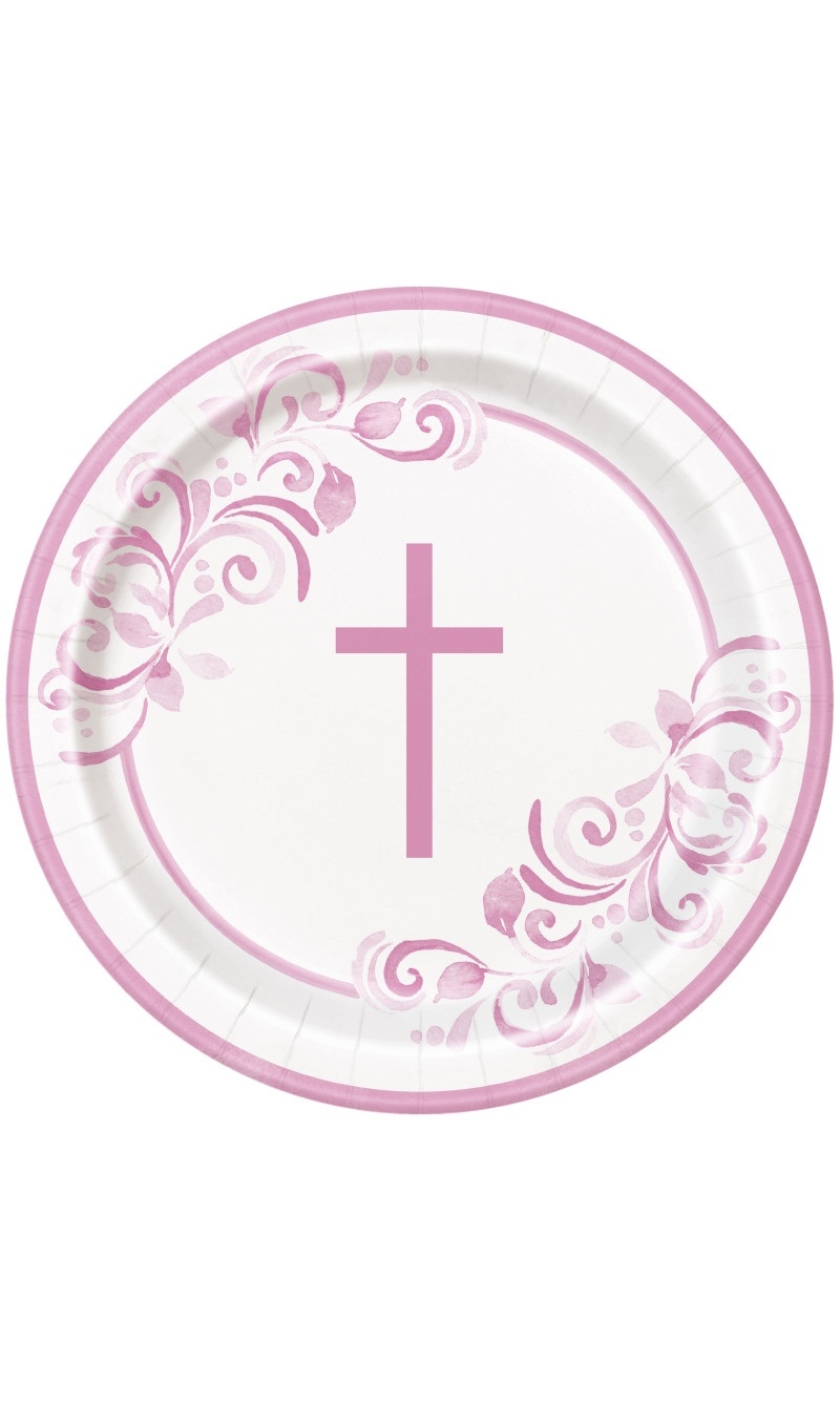 Pink Holy Cross Round 9 Inch Party Plates - 8pcs