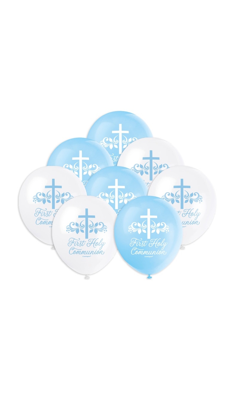 Blue Holy Cross First Holy Communion 12 Inch Latex Balloons - 8pcs