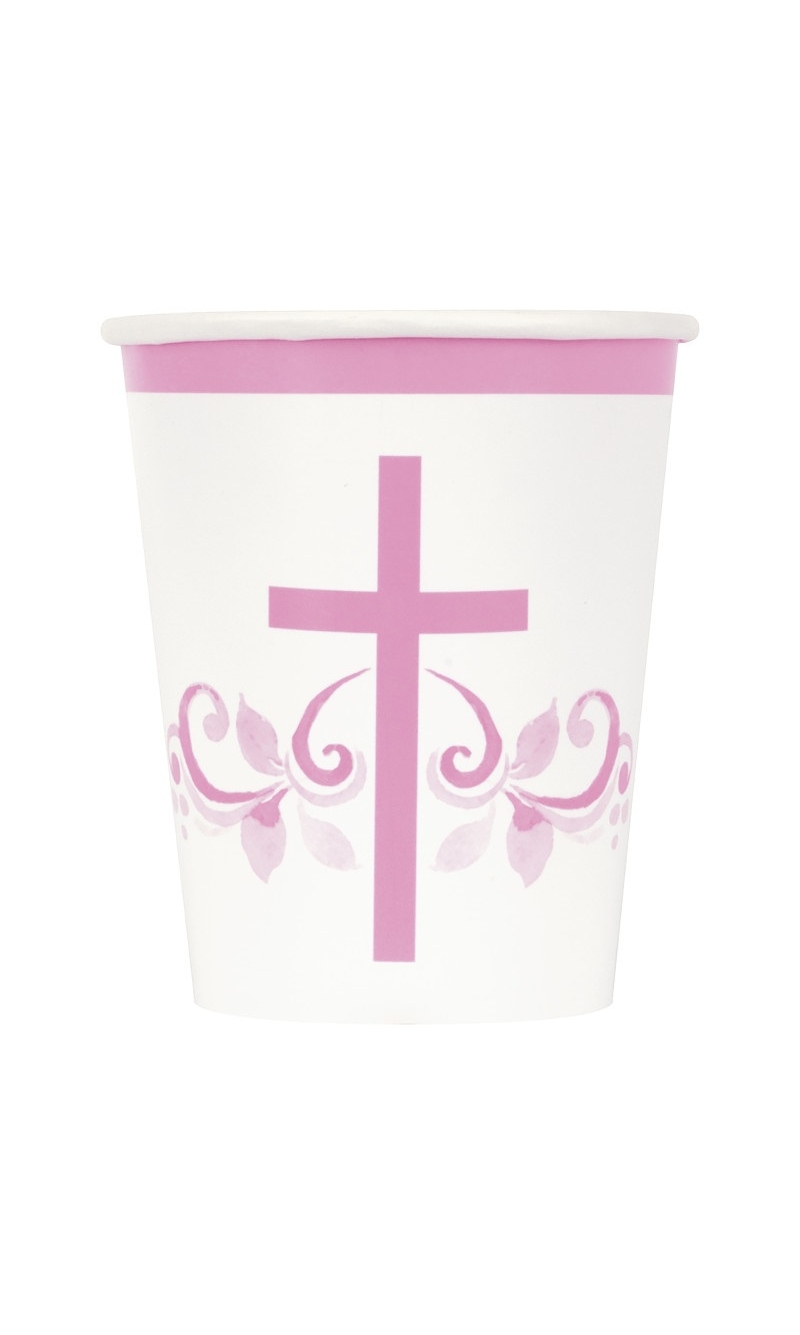 Pink Holy Cross 9oz (266ml) Paper Cups - 8pcs