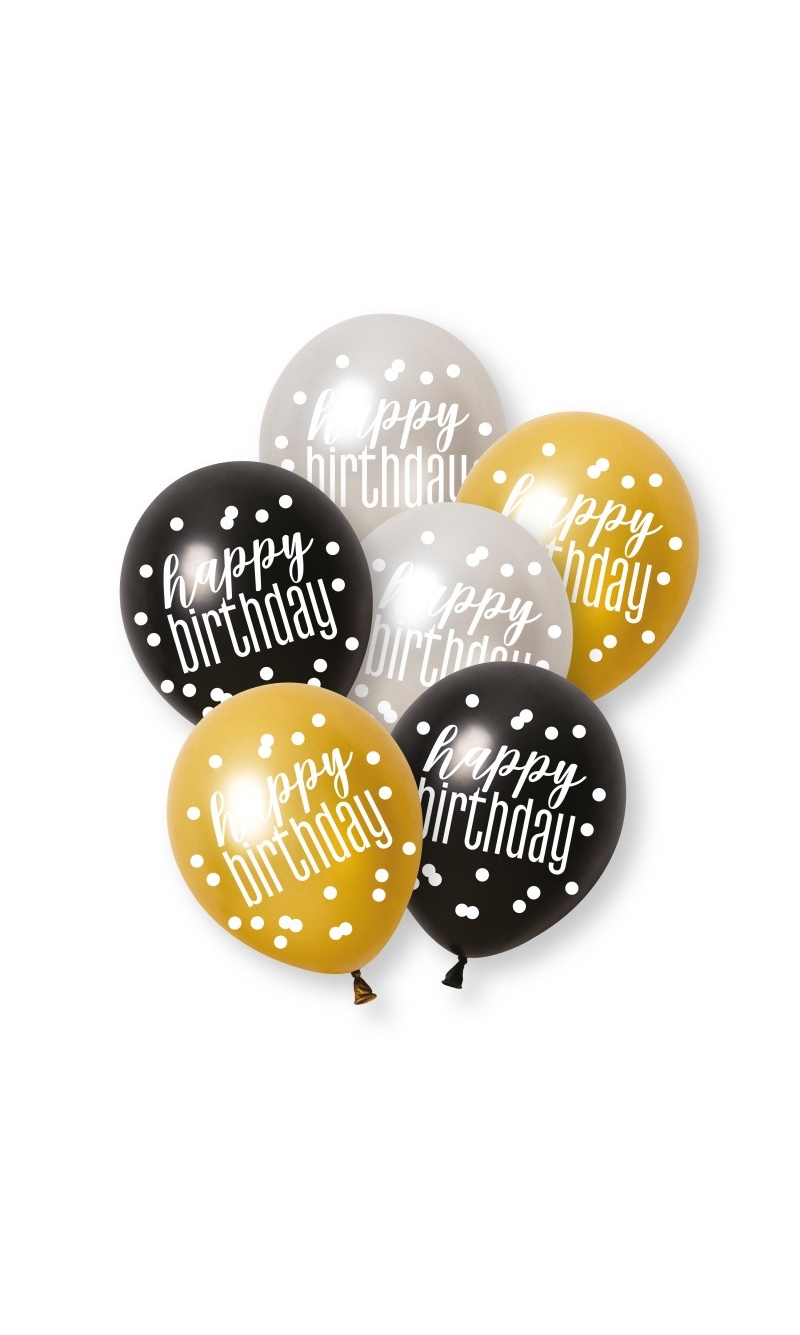 Glitz Black, Gold & Pearl Happy Birthday Assorted 12 Latex Balloons - 6pcs