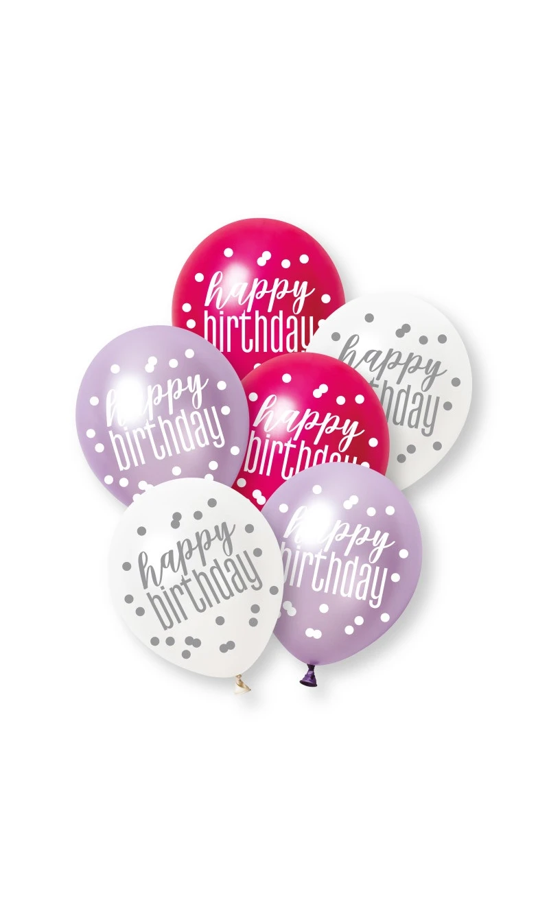 Glitz Pink Happy Birthday Pearl Premium 12 Inch Latex Balloons - 6pcs