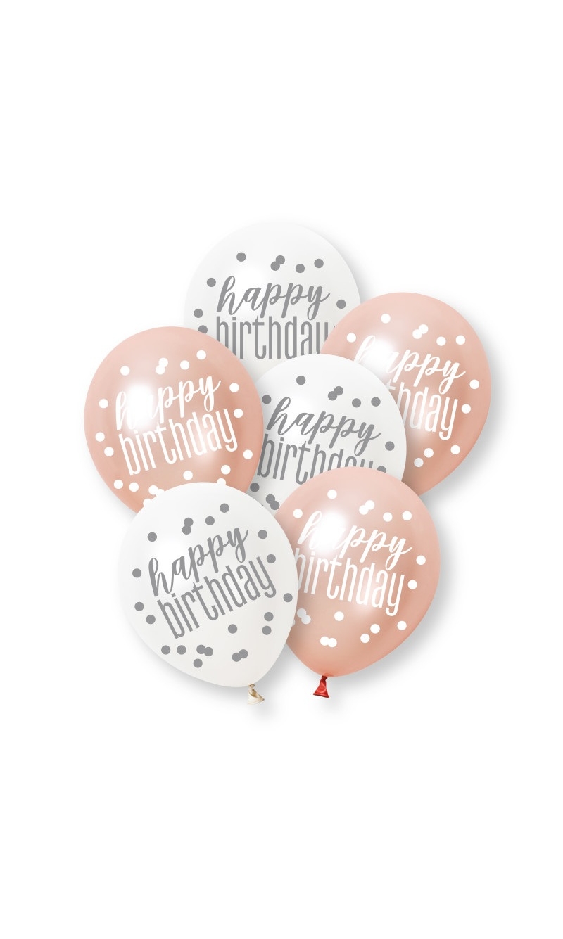 Glitz Rose Gold & Pearl Happy Birthday Assorted 12 Inch Latex Balloons - 6pcs