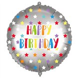Happy Birthday Silver Colorful Stars Foil Balloon 18"/46cm - 1pk