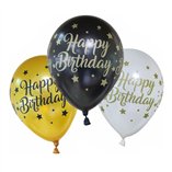 Happy Birthday Latex Balloons (Gold White Black) - 6pk