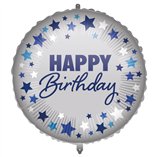 Happy Birthday Blue Silver Star Foil Balloon 18"/46cm - 1pk