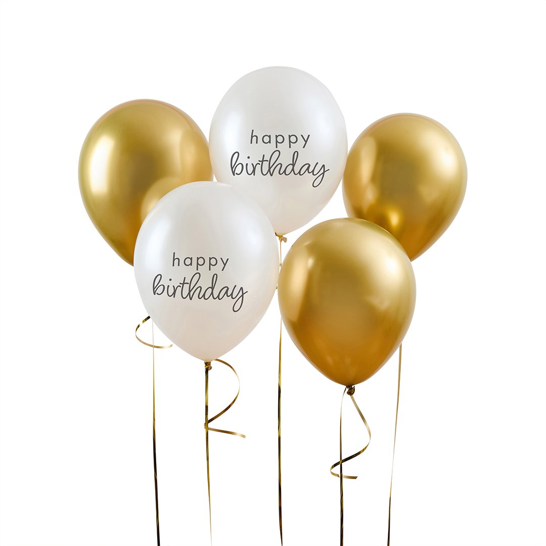 Gold & Pearl Happy Birthday 12 Inch Latex Balloons - 5pk - Image 2